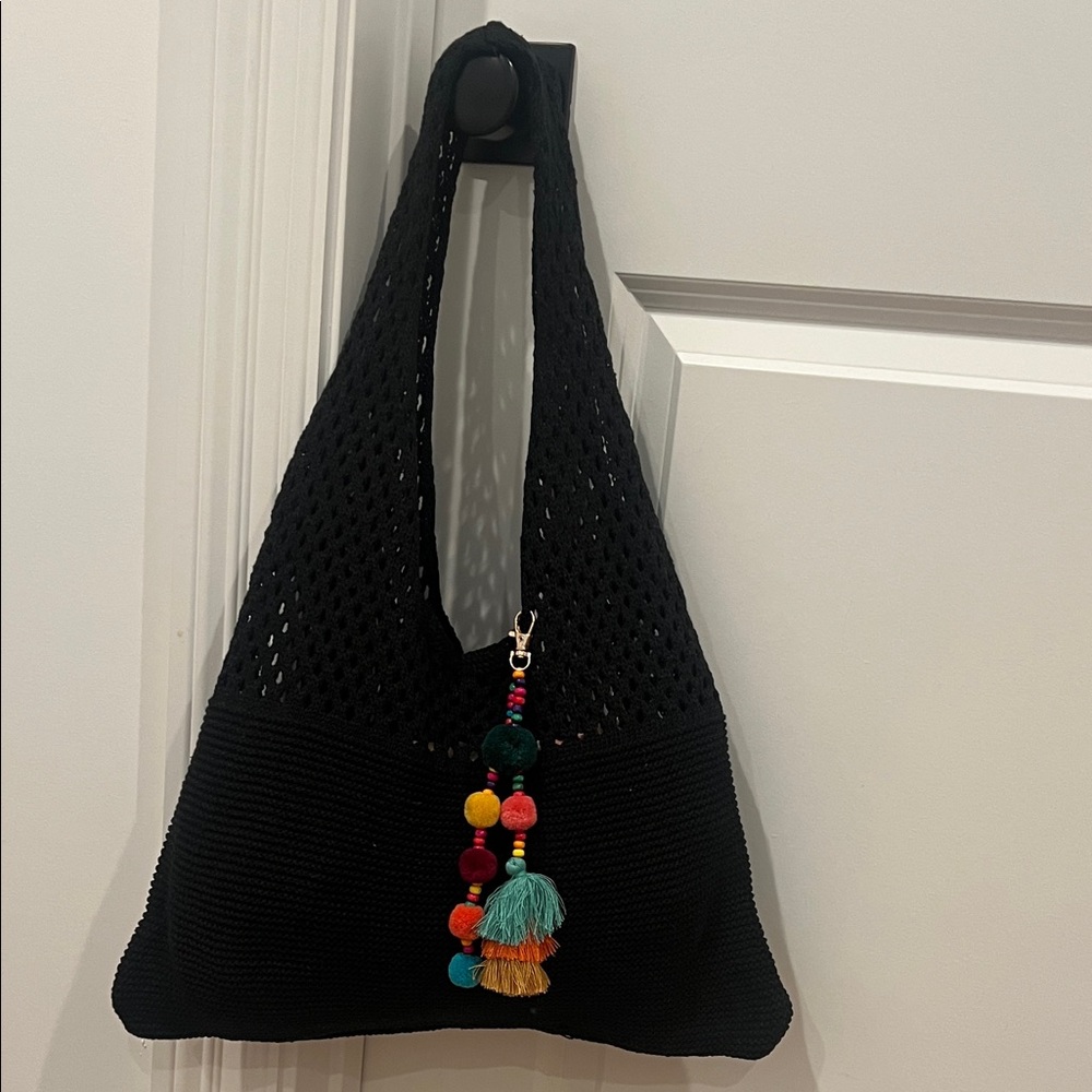 Black Crochet Shoulder Bag with‎ Colorful Pompom Tassel